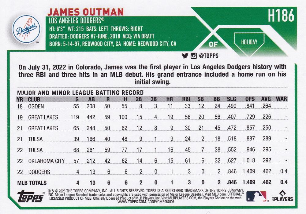 2023 Topps Holiday James Outman RC H186 Los Angeles Dodgers