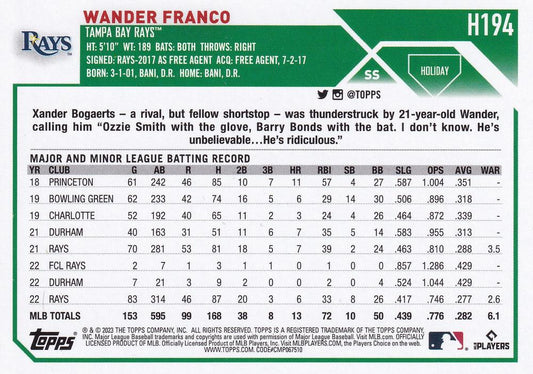 2023 Topps Holiday Wander Franco H194 Tampa Bay Rays