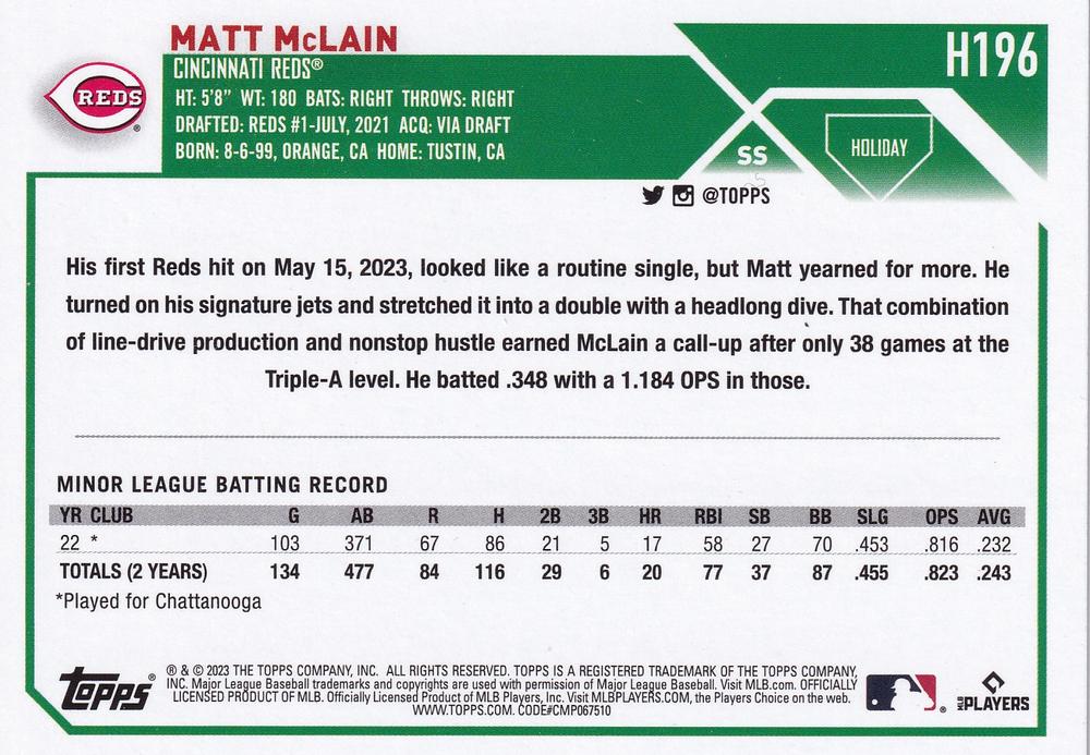 2023 Topps Holiday Matt McLain RC H196 Cincinnati Reds