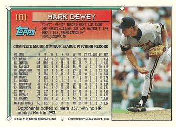 1994 Topps Mark Dewey # 101 Pittsburgh Pirates