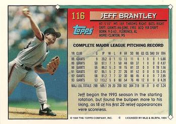 1994 Topps Jeff Brantley # 116 San Francisco Giants
