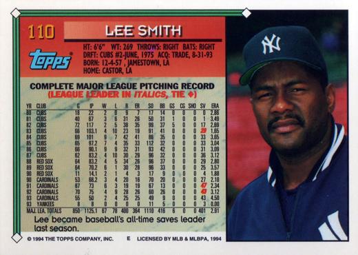 1994 Topps Lee Smith # 110 New York Yankees