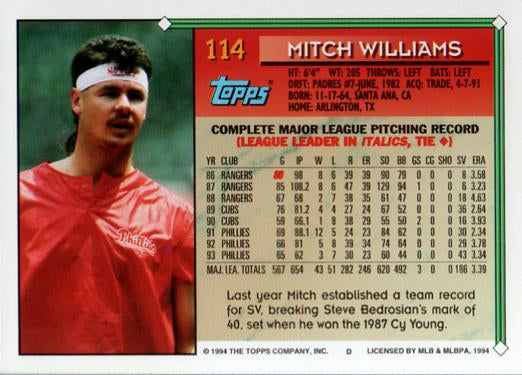 1994 Topps Mitch Williams # 114 Philadelphia Phillies