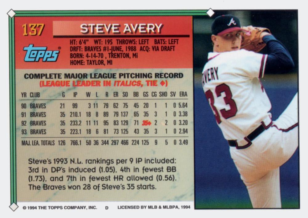 1994 Topps Steve Avery # 137 Atlanta Braves