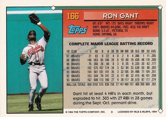 1994 Topps Ron Gant # 166 Atlanta Braves