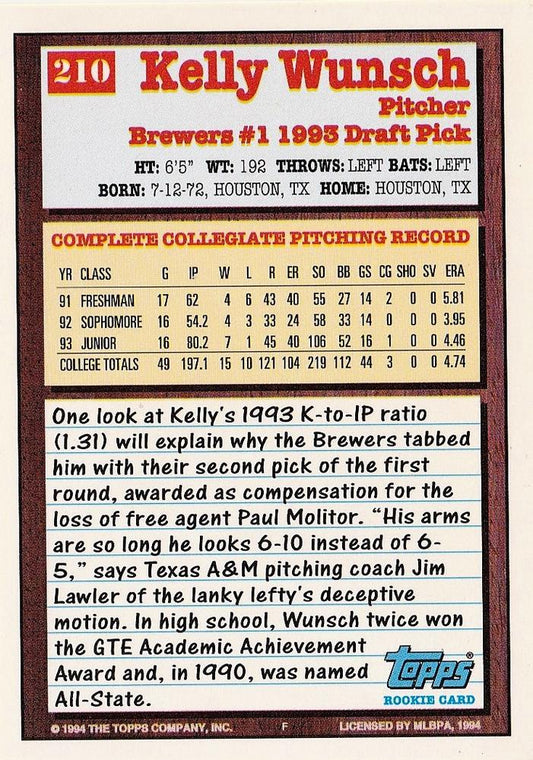 1994 Topps Kelly Wunsch DPK, RC # 210 Milwaukee Brewers