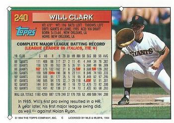 1994 Topps Will Clark # 240 San Francisco Giants