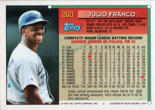 1994 Topps Julio Franco # 260 Texas Rangers