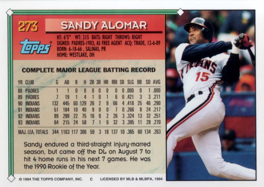 1994 Topps Sandy Alomar # 273 Cleveland Indians
