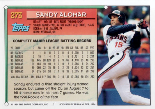 1994 Topps Sandy Alomar # 273 Cleveland Indians