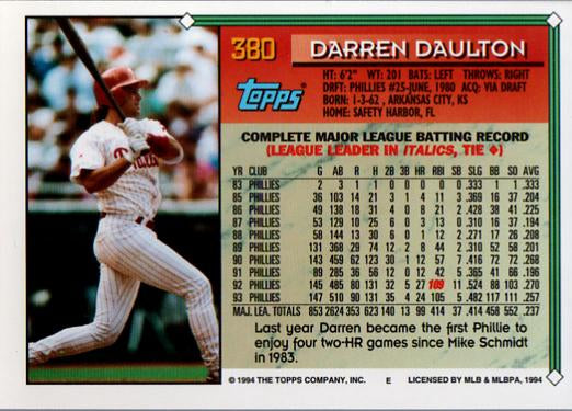 1994 Topps Darren Daulton # 380 Philadelphia Phillies