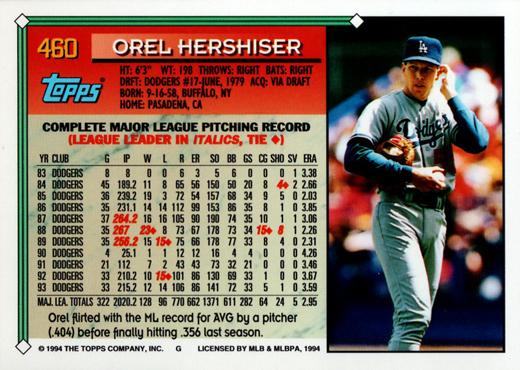 1994 Topps Orel Hershiser # 460 Los Angeles Dodgers
