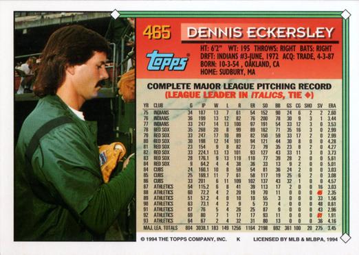 1994 Topps Dennis Eckersley # 465 Oakland Athletics