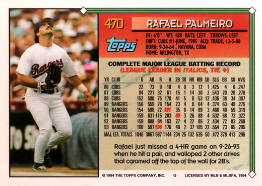 1994 Topps Rafael Palmeiro # 470 Texas Rangers