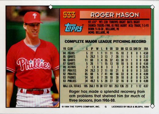 1994 Topps Roger Mason # 533 Philadelphia Phillies