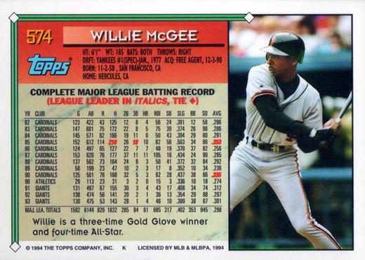 1994 Topps Willie McGee # 574 San Francisco Giants