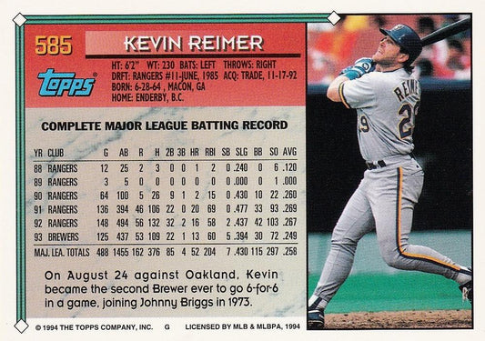 1994 Topps Kevin Reimer # 585 Milwaukee Brewers