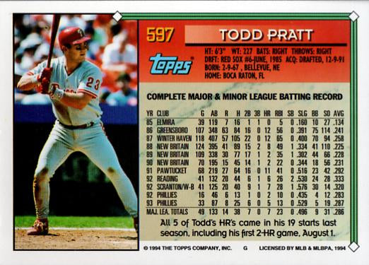 1994 Topps Todd Pratt # 597 Philadelphia Phillies