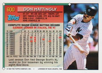 1994 Topps Don Mattingly # 600 New York Yankees
