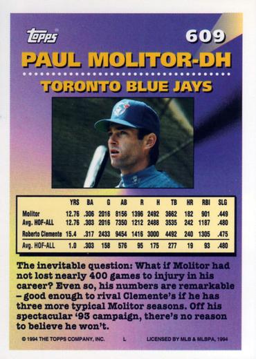 1994 Topps Paul Molitor MOG # 609 Toronto Blue Jays