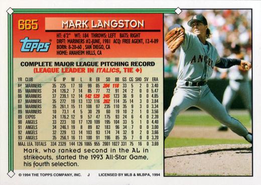 1994 Topps Mark Langston # 665 California Angels