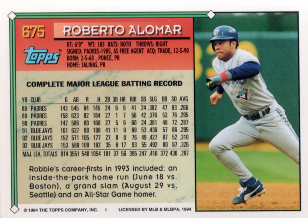 1994 Topps Roberto Alomar # 675 Toronto Blue Jays