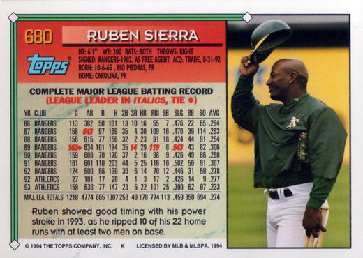1994 Topps Ruben Sierra # 680 Oakland Athletics