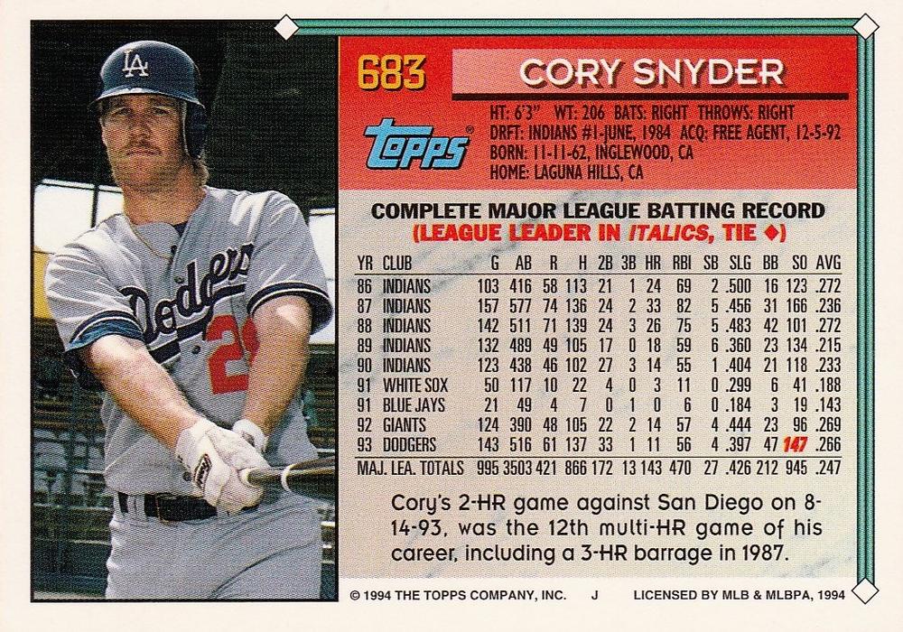 1994 Topps Cory Snyder # 683 Los Angeles Dodgers