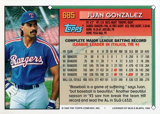 1994 Topps Juan Gonzalez # 685 Texas Rangers