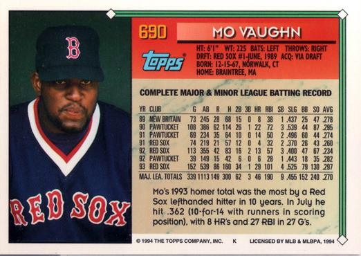 1994 Topps Mo Vaughn # 690 Boston Red Sox
