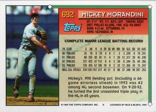 1994 Topps Mickey Morandini # 692 Philadelphia Phillies
