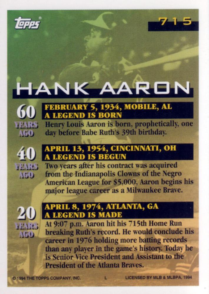 1994 Topps Hank Aaron # 715 Atlanta Braves