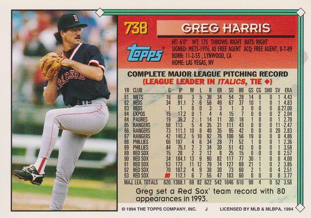1994 Topps Greg Harris # 738 Boston Red Sox