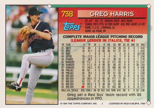 1994 Topps Greg Harris # 738 Boston Red Sox