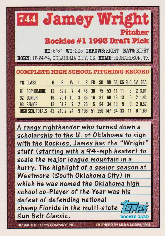 1994 Topps Jamey Wright DPK, RC # 744 Colorado Rockies
