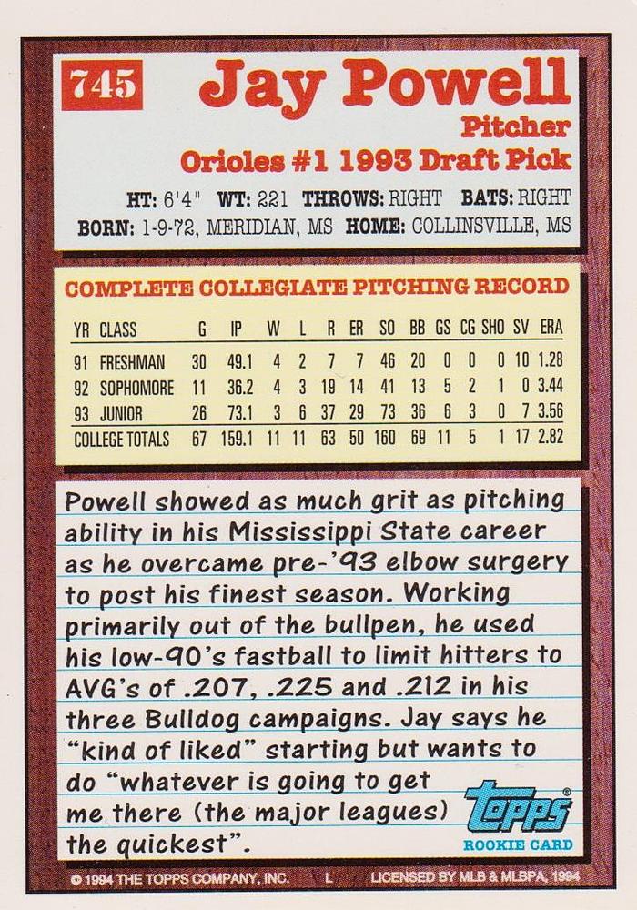 1994 Topps Jay Powell DPK, RC # 745 Baltimore Orioles