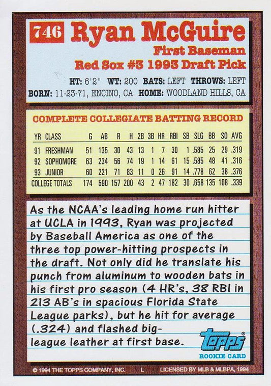 1994 Topps Ryan McGuire DPK, RC # 746 Boston Red Sox