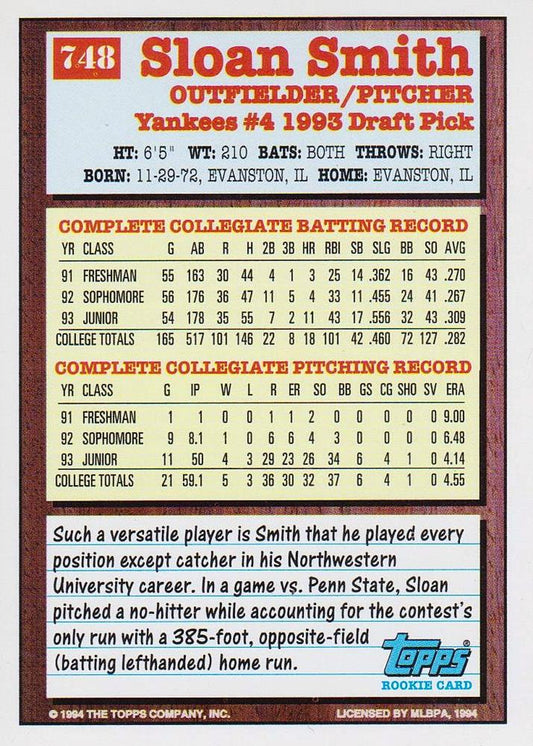 1994 Topps Sloan Smith DPK, RC # 748 New York Yankees