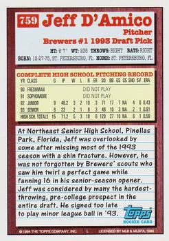 1994 Topps Jeff D'Amico DPK, RC # 759 Milwaukee Brewers