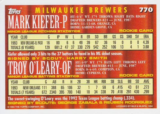1994 Topps Mark Kiefer / Troy O'Leary CA, RC # 770 Milwaukee Brewers