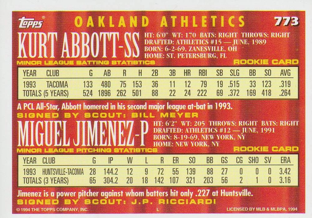 1994 Topps Kurt Abbott / Miguel Jimenez CA, RC # 773 Oakland Athletics