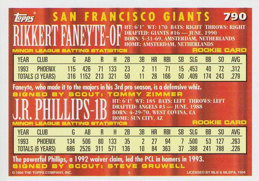 1994 Topps Rikkert Faneyte / J.R. Phillips CA, RC # 790 San Francisco Giants