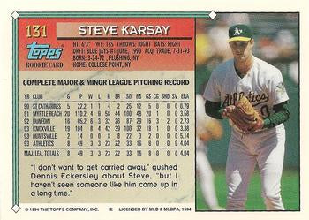 1994 Topps Steve Karsay RC # 131 Oakland Athletics