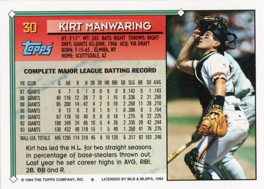 1994 Topps Kirt Manwaring # 30 San Francisco Giants