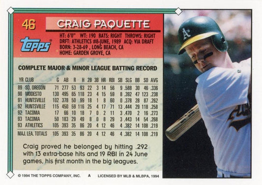 1994 Topps Craig Paquette # 46 Oakland Athletics