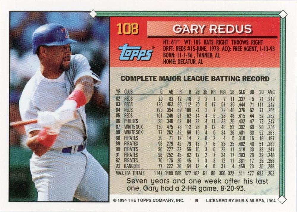 1994 Topps Gary Redus # 108 Texas Rangers