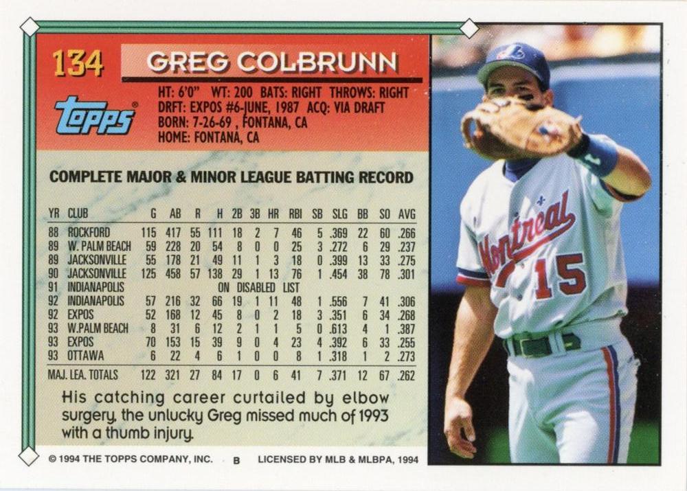 1994 Topps Greg Colbrunn # 134 Montreal Expos