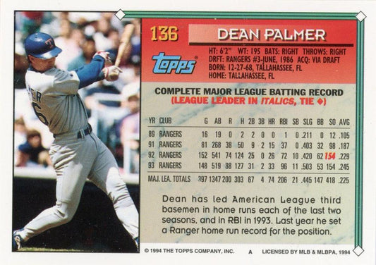 1994 Topps Dean Palmer # 136 Texas Rangers