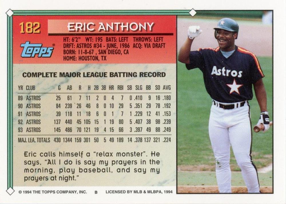 1994 Topps Eric Anthony # 182 Houston Astros