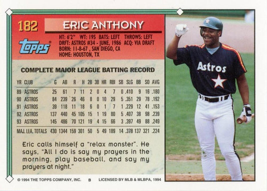 1994 Topps Eric Anthony # 182 Houston Astros